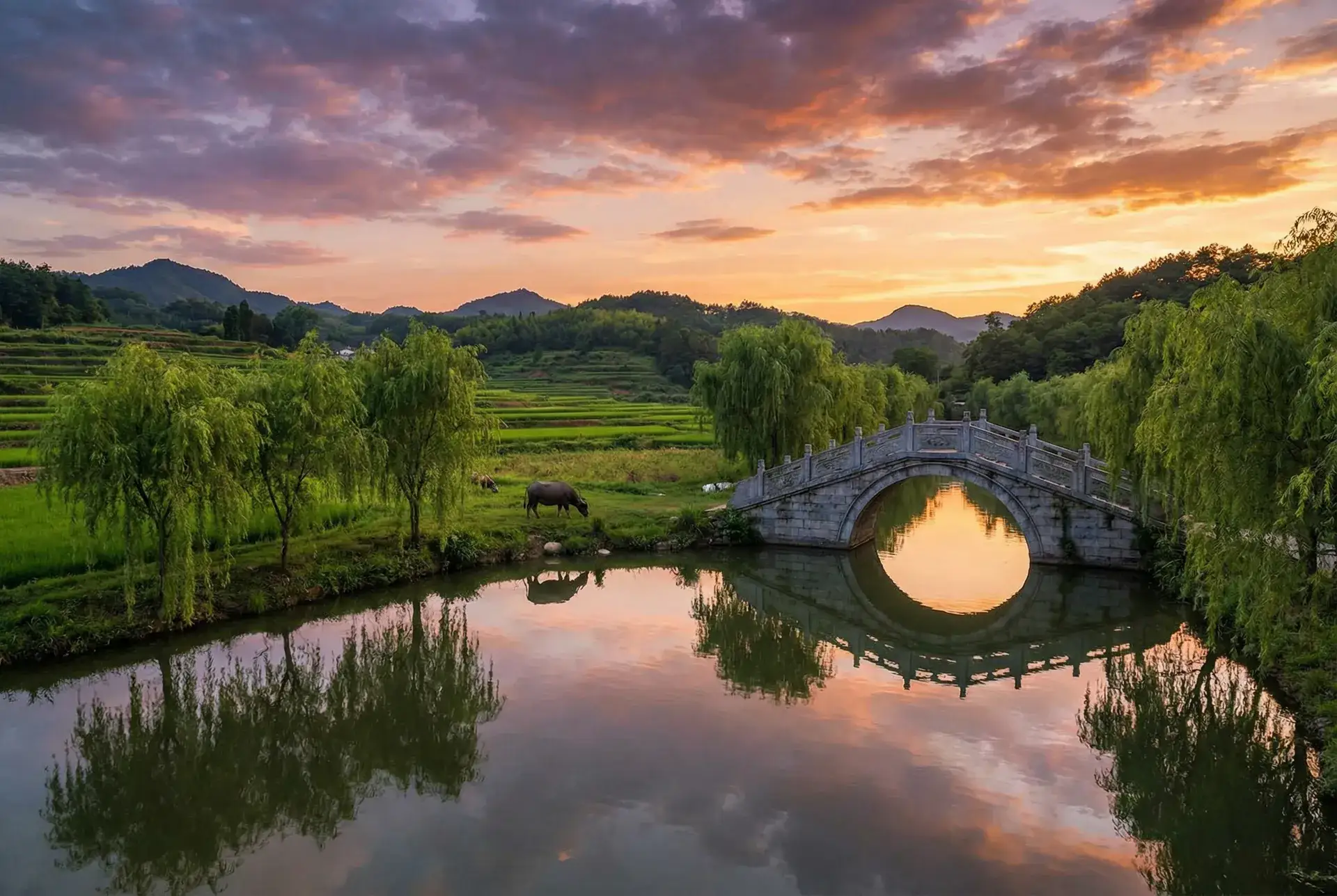 夕阳下的石拱桥与垂柳，水牛在河边吃草 - 一对一视频APP 乡村美景